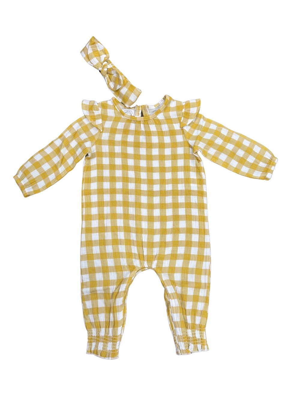 Mud Pie Mustard Gingham Bodysuit Romper with Matching Headband Size 6-9 Months